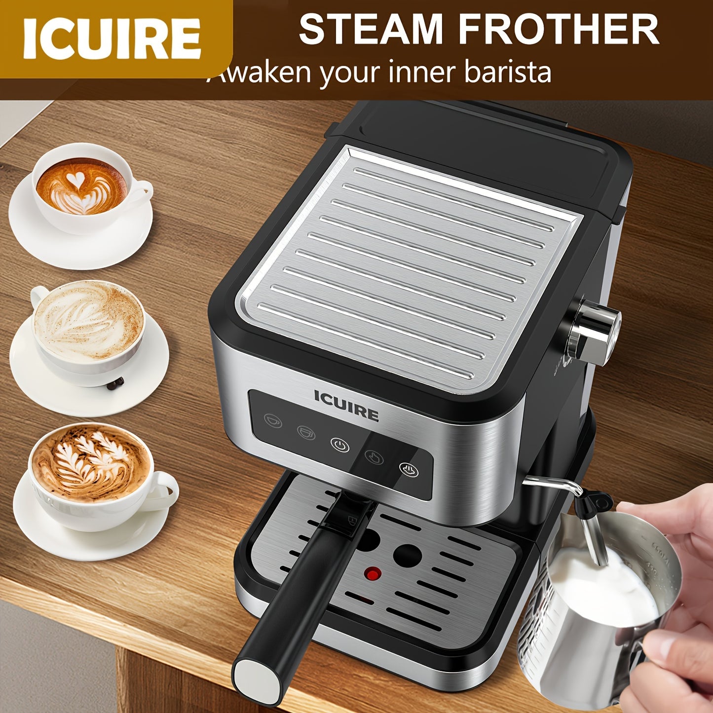 ICUIRE Espresso Machine with Milk Frother, Free milk bubble cup, 20 Bar Pump Pressure Coffee Machine, 1.5L/50oz Removable Water Tank, 1050W Semi-Automatic Espresso/Latte/Cappuccino Machines for Home Barista, Office, kitchen A