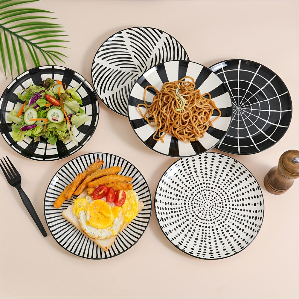 Dinner Plates Ceramic Plate Set - Black Plate Set 8 Inch - 10 Inch Large Porcelain Round Plate Sets Of 6 - Flat Modern Black Pattern Dining Plates For Kitchen | Family - Dishwasher | Microwave | Oven Safe