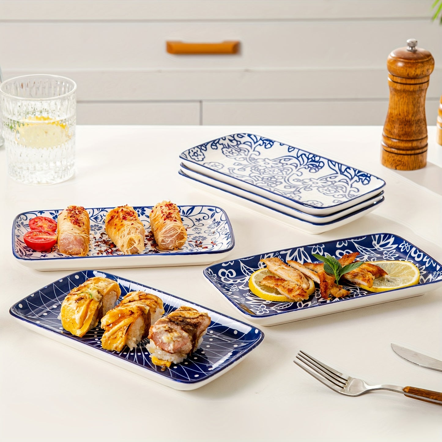 Chinese style ceramic dinnerware 30 pcs set, including 8.5 inches salad plate, 10.5 inches dinner plate, 16 oz coffee mug, 8.3 inches rectangular plate, 24 oz cereal bowl each 6 pcs, microwave oven dishwasher safe, housewarmi