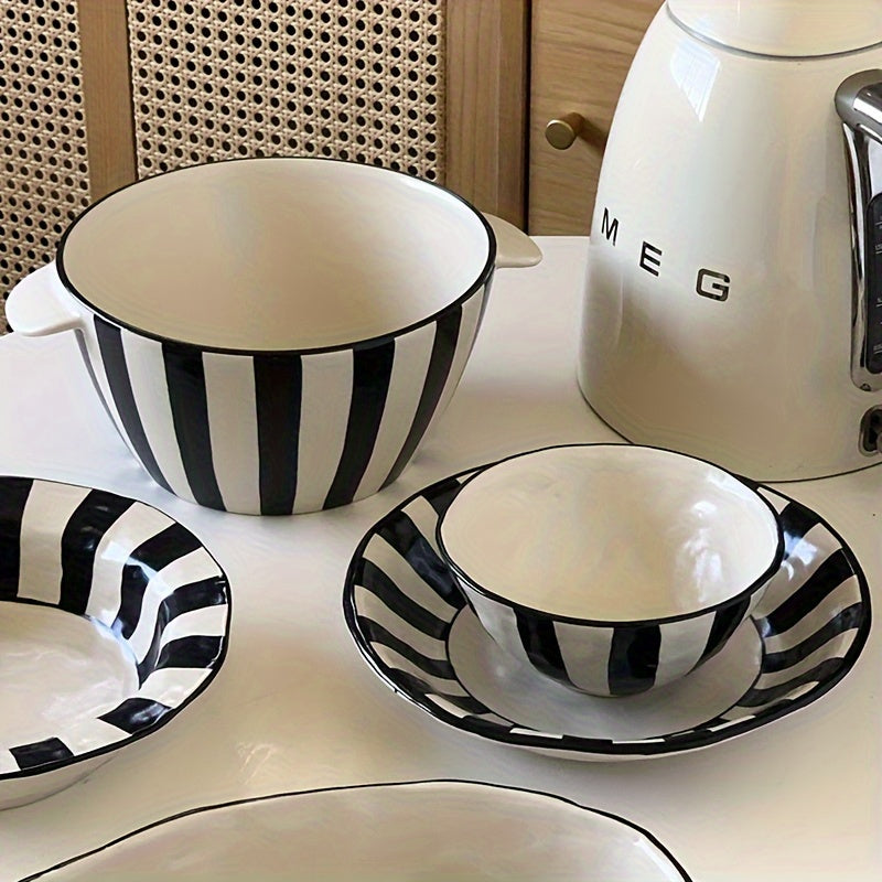 Vintage Black & White Striped Ceramic Dinnerware Set - Deep Plate, Noodle Bowl, Straw Hat Design - Premium Textured Tableware For Home, Kitchen, Salad & Soup Bowls - Microwave Safe