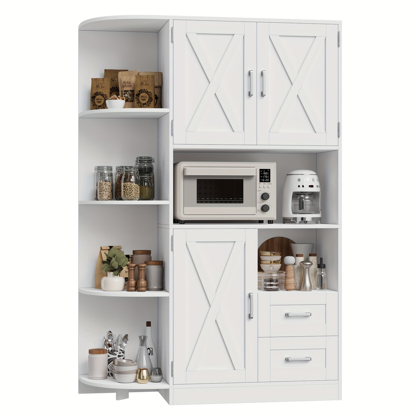 FULTRU 60.4" Farmhouse Kitchen Pantry Storage Cabinet, Freestanding Hutch with Doors & Shelves, Buffet Sideboard with Microwave Stand, Coffee Bar with Drawers, Cupboard for Dining Room, Rustic Brown