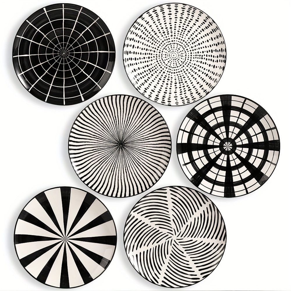 Dinner Plates Ceramic Plate Set - Black Plate Set 8 Inch - 10 Inch Large Porcelain Round Plate Sets Of 6 - Flat Modern Black Pattern Dining Plates For Kitchen | Family - Dishwasher | Microwave | Oven Safe