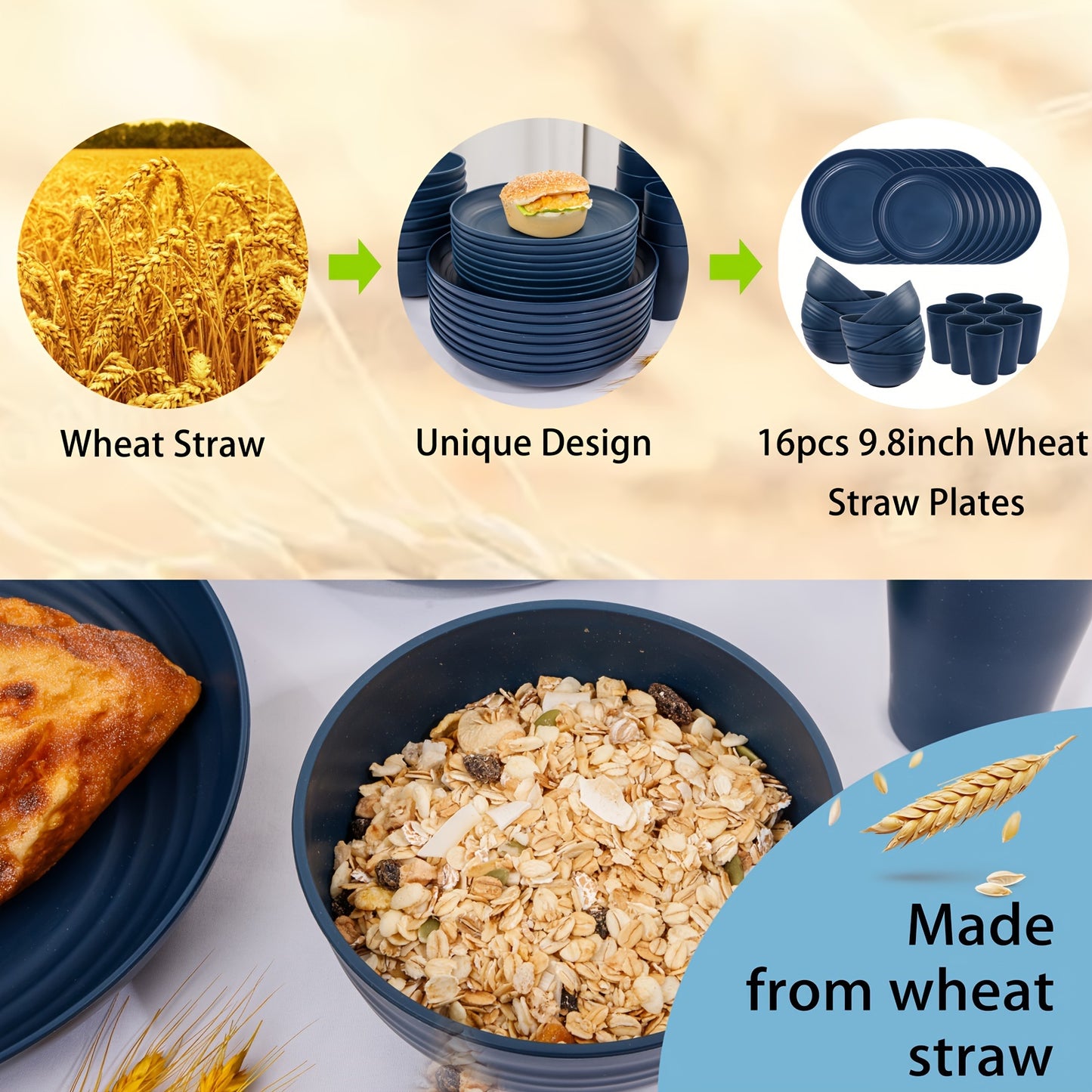 32pcs Wheat Straw Dinnerware Sets, Dinnerware Sets For 8, Plates And Bowls Sets, Reusable Dinnerware Set, Microwave Dishwasher Safe, Blue Plastic Dinnerware Sets Include 16pcs Plates, 8pcs Bowls, 8pcs Cups