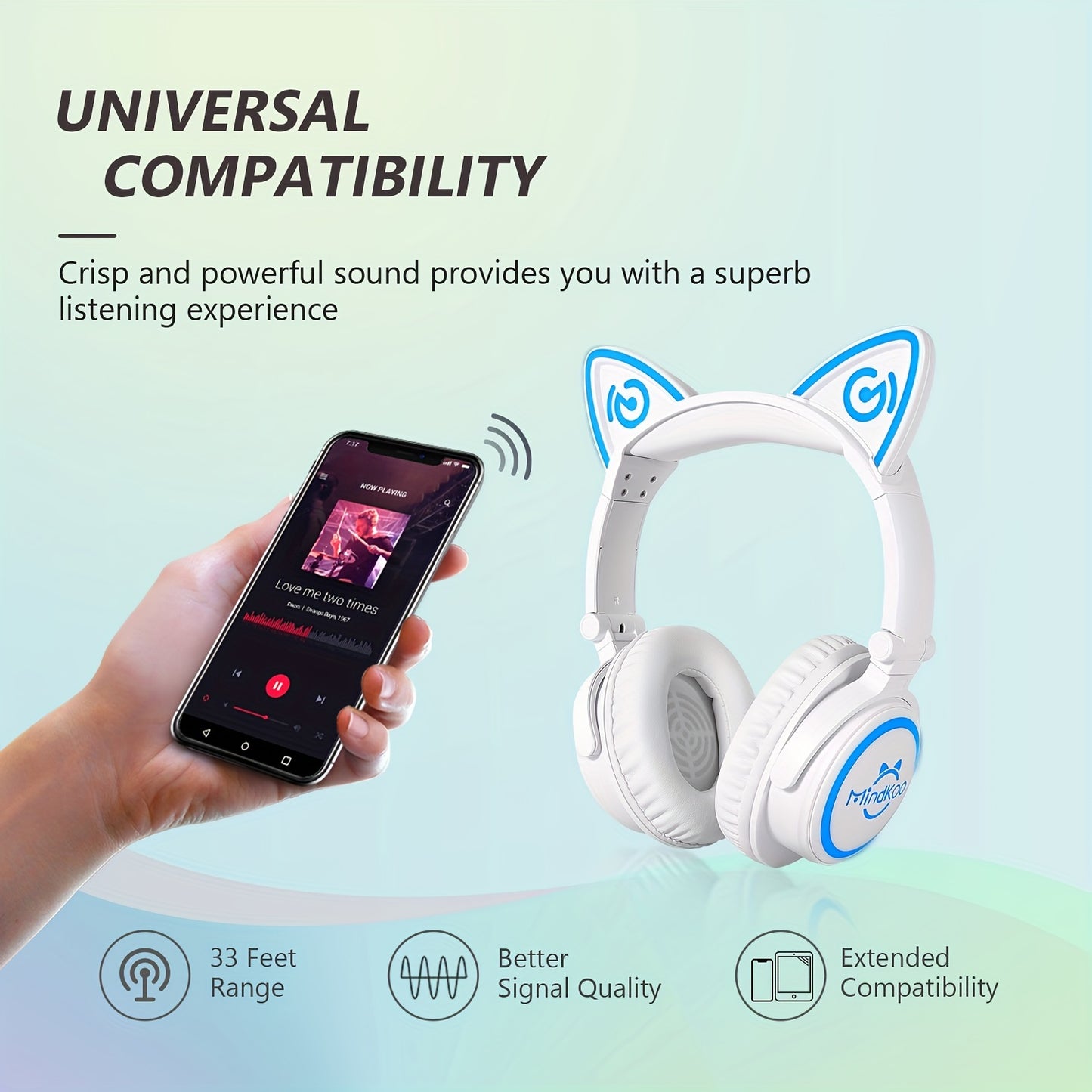 Mindkoo Over-Ear Wireless Headphones, Cat Ear Headphones With 7 Colors LED Light, Foldable, Built-in Microphone And Volume Control For PC/Cell Phones/Teens/Adults