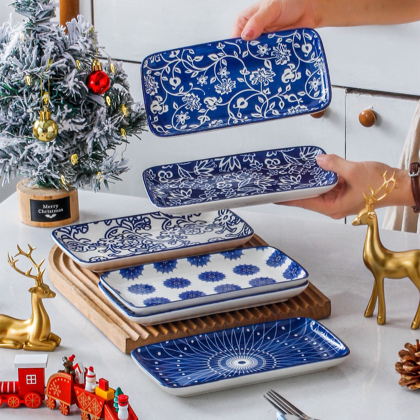 Chinese style ceramic dinnerware 30 pcs set, including 8.5 inches salad plate, 10.5 inches dinner plate, 16 oz coffee mug, 8.3 inches rectangular plate, 24 oz cereal bowl each 6 pcs, microwave oven dishwasher safe, housewarmi