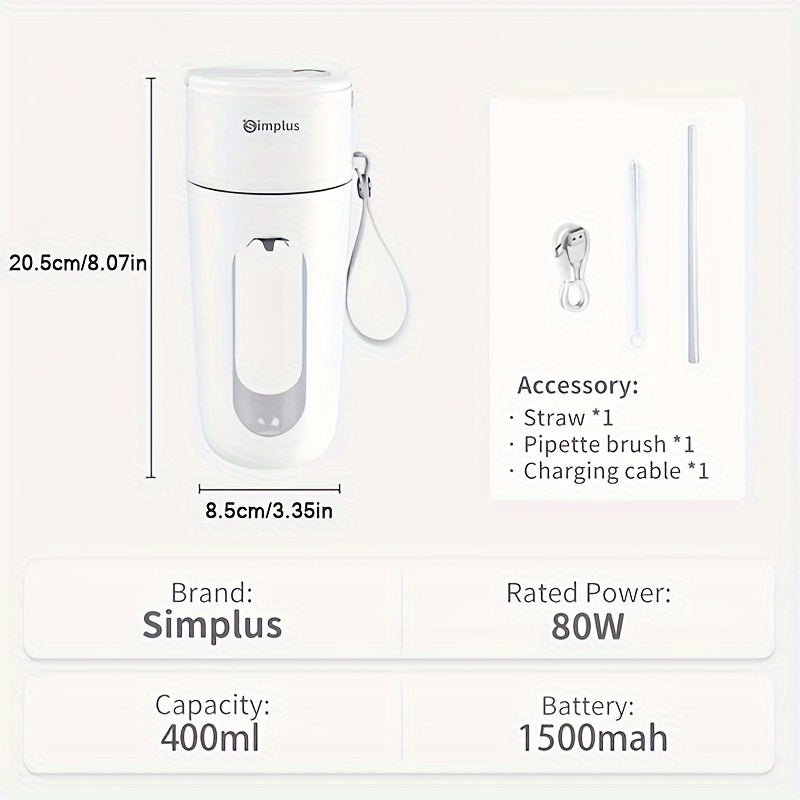Simplus Portable Blender - 13.53oz Capacity, Quick Ice Crush in 38 Seconds, Stainless Steel Blades, USB Rechargeable, Easy Clean, Compact Kitchen Gadget