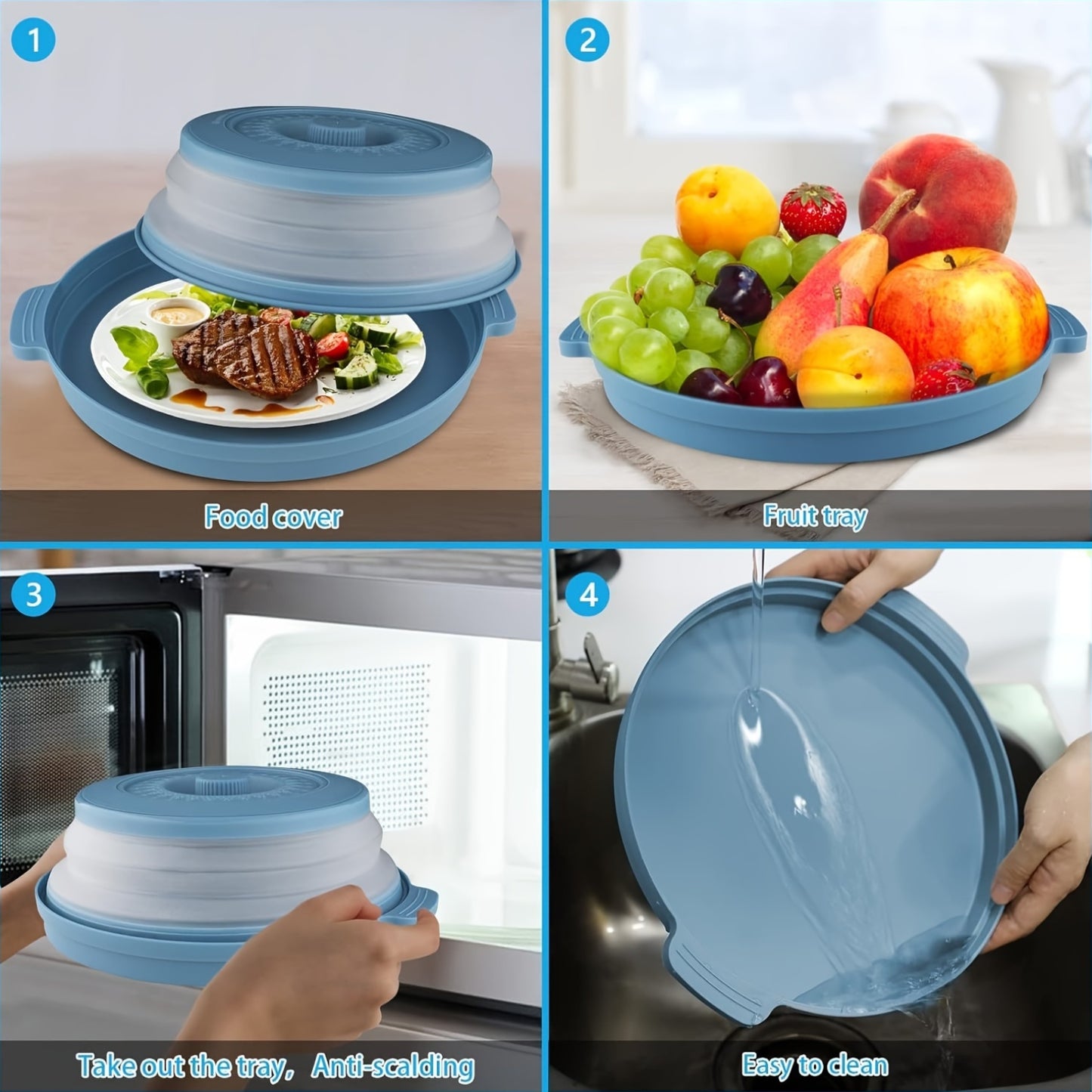 GDDGCUO Multi-Ply Microwave Splatter Cover with Tray Set, 10.6 Inch Lid, Food-Safe Microwave Splash Guard Plate, Fits More Dishes, Blue/Gray/Red/Green Options