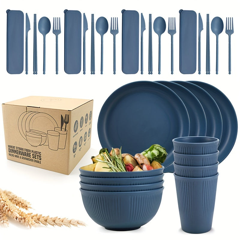 32PCS Durable Wheat Straw Cutlery Set - Reusable, Shatter-Resistant, Dishwasher & Microwave Safe - Perfect for Camping, RV, Picnic, Kitchen, Dormitory Essentials in Vibrant Blue