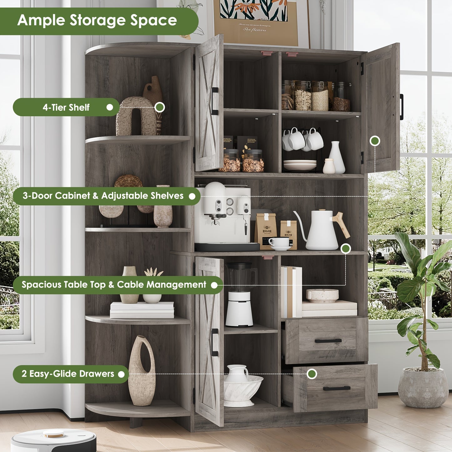FULTRU 60.4" Farmhouse Kitchen Pantry Storage Cabinet, Freestanding Hutch with Doors & Shelves, Buffet Sideboard with Microwave Stand, Coffee Bar with Drawers, Cupboard for Dining Room, Rustic Brown