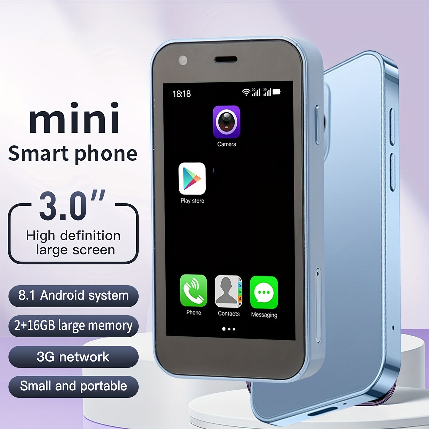 Mini Smartphone, The World's Smallest Cell Phone 3.0 Inch Android Small Phone Quad Core 2G+16G 5.0MP Dual SIM High Definition Mini Phones Unlocked 3G Mobile Phone (Blue)