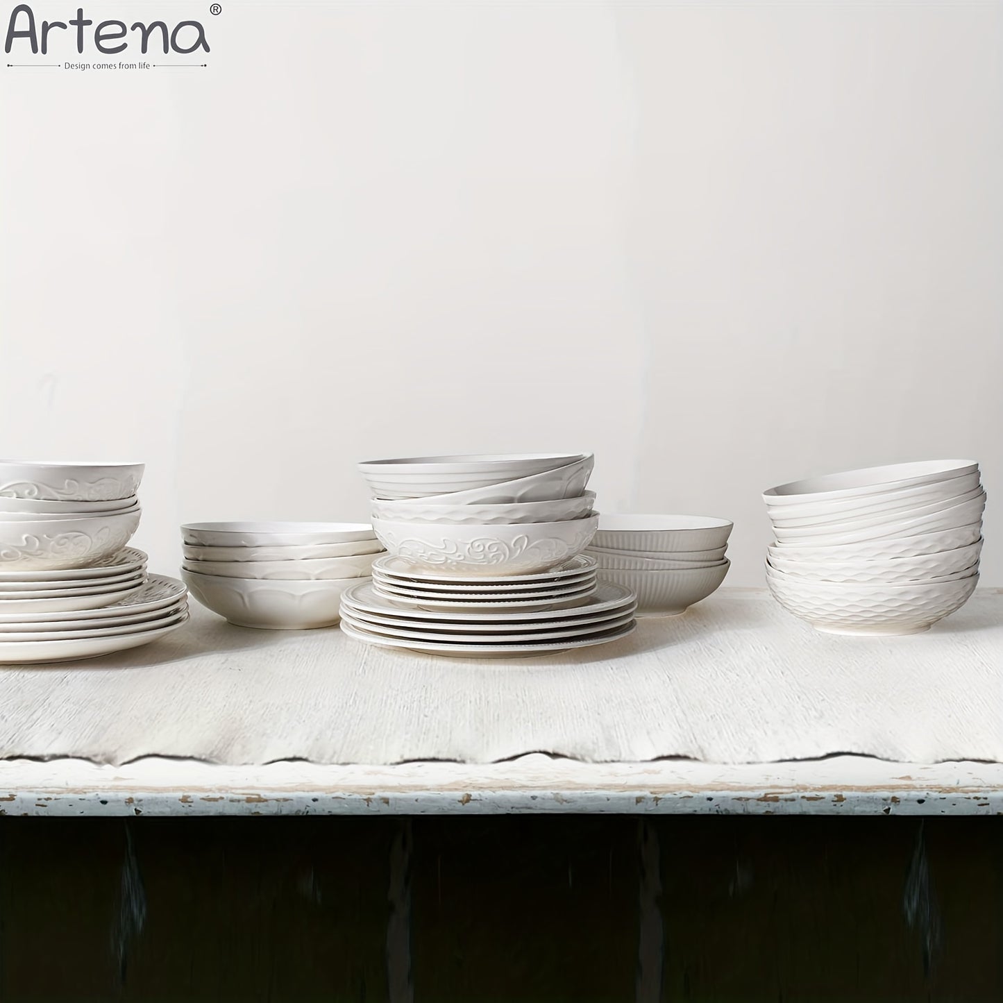 Large Ceramic 4pcs Artena Pasta Bowls - 32oz/35oz, 7.9''/8'' Embossed Soup Bowls - White Serving Bowls for Entertaining, Microwave Dishwasher Oven Safe