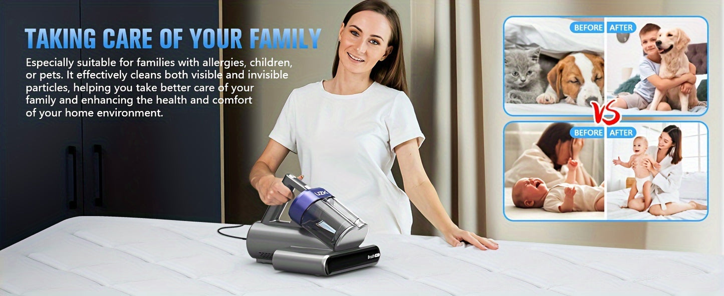 Mattress Vacuum Cleaner With UV-C Light, Handheld Vacuum Cleaner With Heating & Ultrasonic & Anionic & Aromatherapy For Bed Dust Pet Hair (Corded, Purple), 16Kpa Suction 500W Powerful And Double Cup