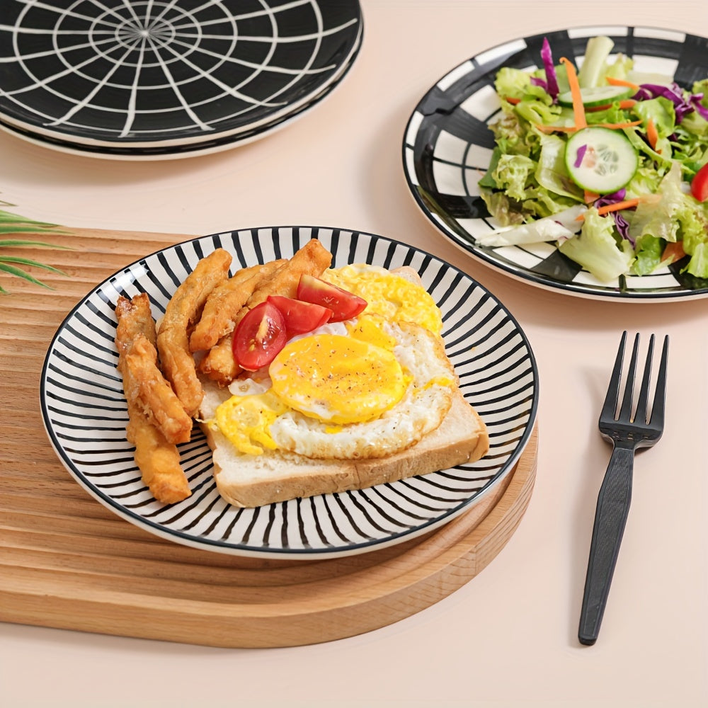 Dinner Plates Ceramic Plate Set - Black Plate Set 8 Inch - 10 Inch Large Porcelain Round Plate Sets Of 6 - Flat Modern Black Pattern Dining Plates For Kitchen | Family - Dishwasher | Microwave | Oven Safe