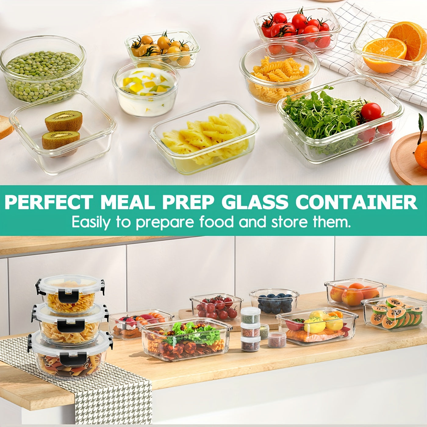 34-piece set of glass food storage containers with lids, airtight glass meal prep containers (17 containers and 17 lids), leak-proof lunch containers BPA-free, microwave, oven, freezer, dishwasher safe, black