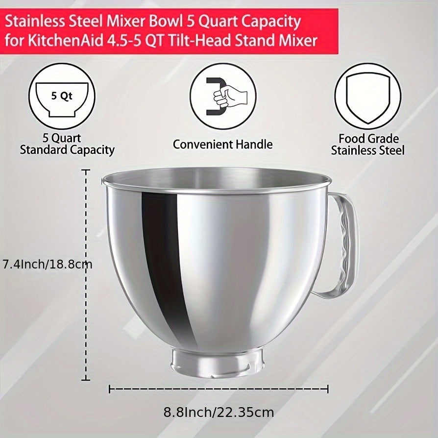 Kitchen Aid Stainless Steel Bowl, Mixer 4.5 and 5 Quart Stainless Steel Bowl, Compatiblewith Kitchenaid Artisan 5KSM125. 5KSM150. 5KSM175. 5KS7580. KSM150.RRK150K45, K45SS, KSM75, KSM90, KSM95, KSM100, KSM103, KSM110