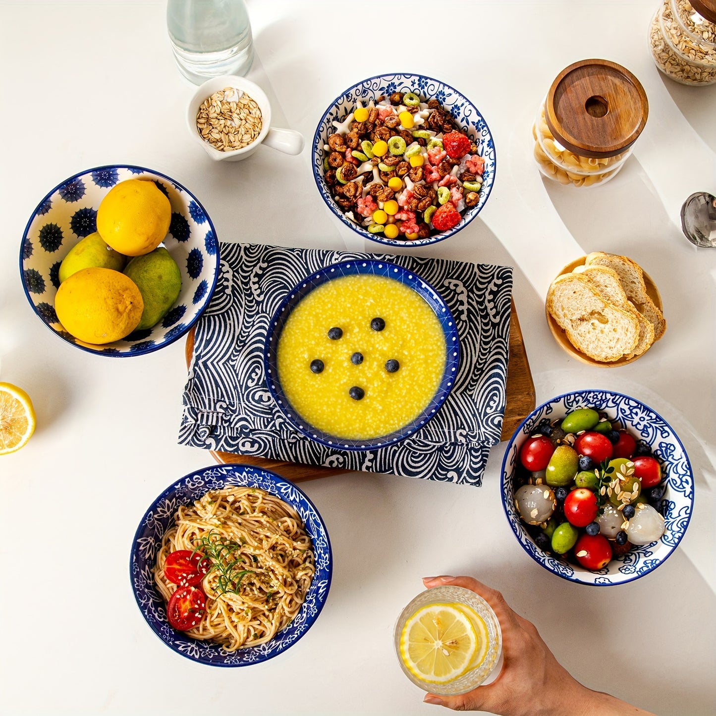 Chinese style ceramic dinnerware 30 pcs set, including 8.5 inches salad plate, 10.5 inches dinner plate, 16 oz coffee mug, 8.3 inches rectangular plate, 24 oz cereal bowl each 6 pcs, microwave oven dishwasher safe, housewarmi