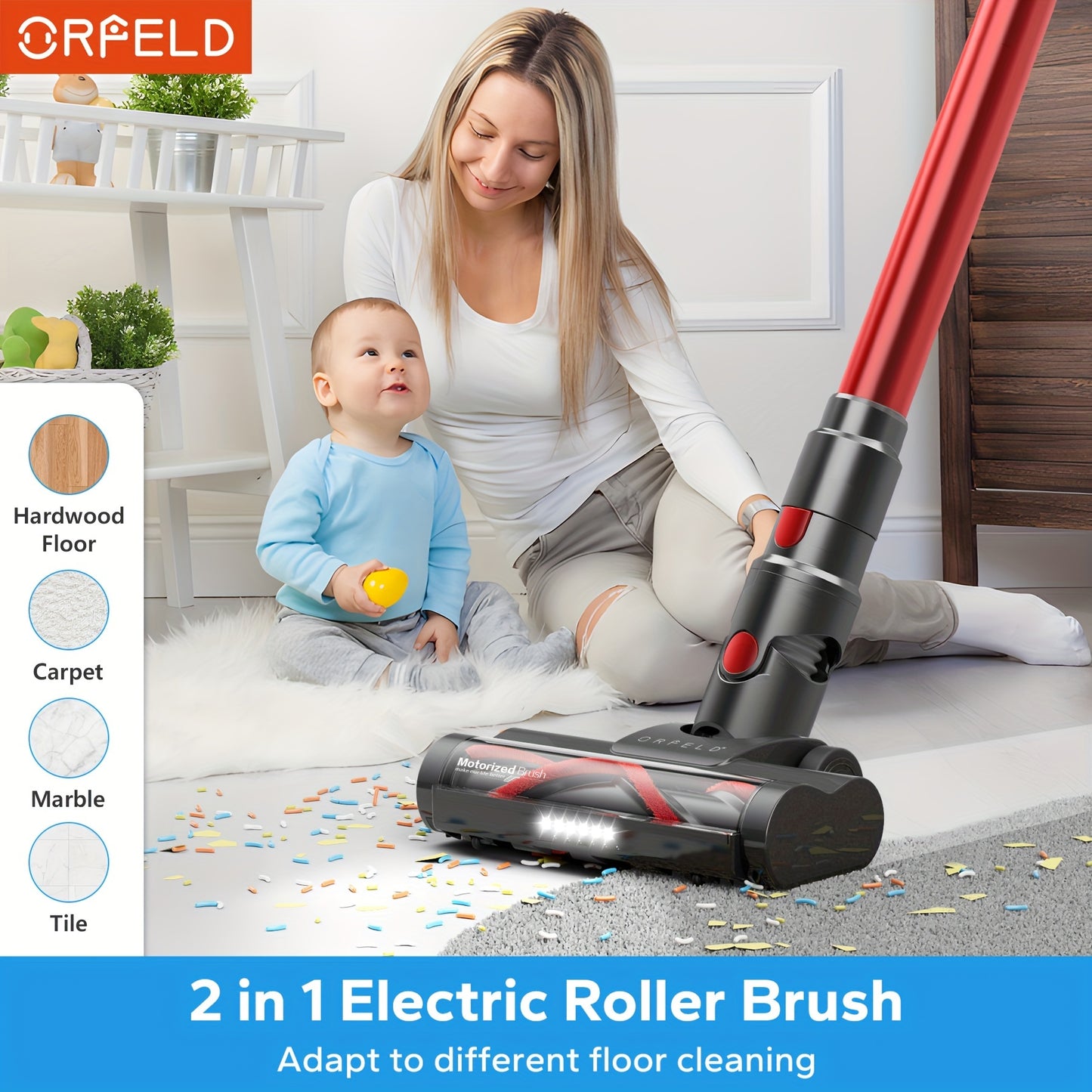 ORFELD Cordless Vacuum Cleaner, Stick Vacuum With 30Kpa Powerful Suction, 45Mins Runtime Rechargeable Vacuum, Anti-tangle And 50.72oz Dust Cup, 6 In 1 Lightweight Vacuum For Hardwood Floor Carpet Pet Hair