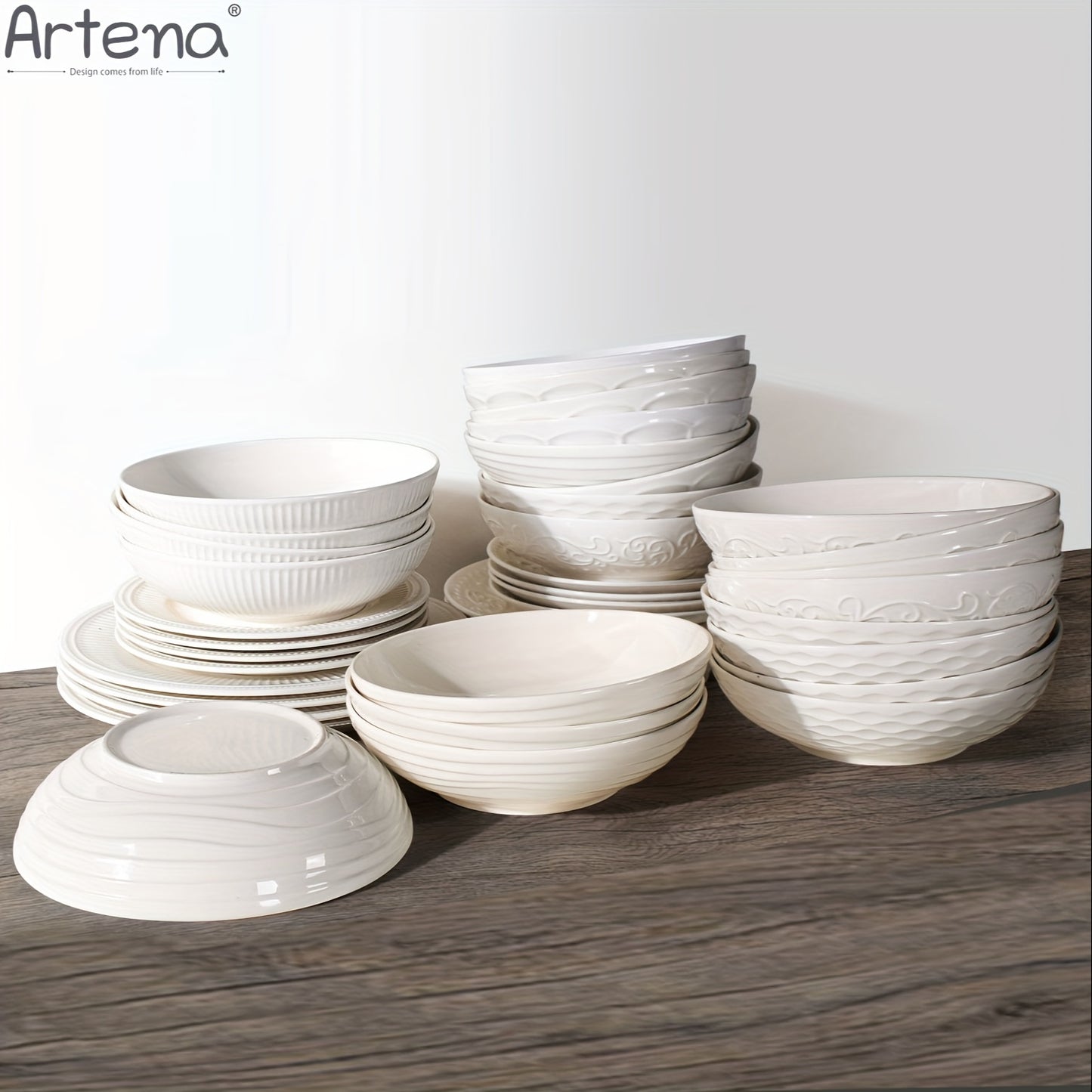 Large Ceramic 4pcs Artena Pasta Bowls - 32oz/35oz, 7.9''/8'' Embossed Soup Bowls - White Serving Bowls for Entertaining, Microwave Dishwasher Oven Safe