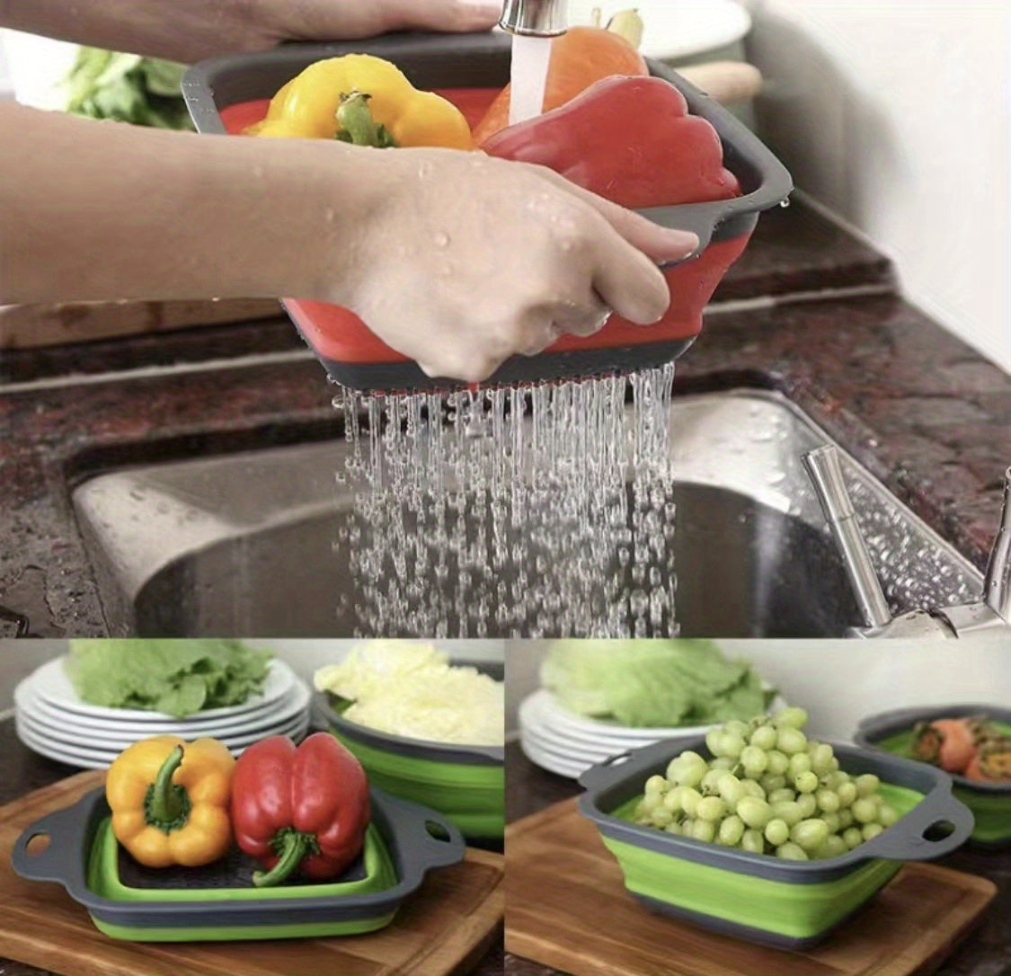 2pcs, Foldable Silicone Colander, Vegetable Washing Basket Strainer, Kitchen Sink Folding Square Drain Basket, Fruit And Vegetable Basket, Kitchen Accessaries