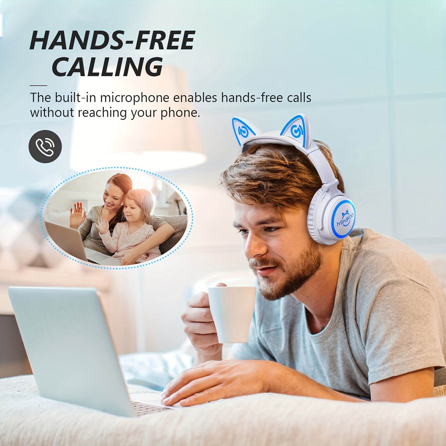 Mindkoo Over-Ear Wireless Headphones, Cat Ear Headphones With 7 Colors LED Light, Foldable, Built-in Microphone And Volume Control For PC/Cell Phones/Teens/Adults