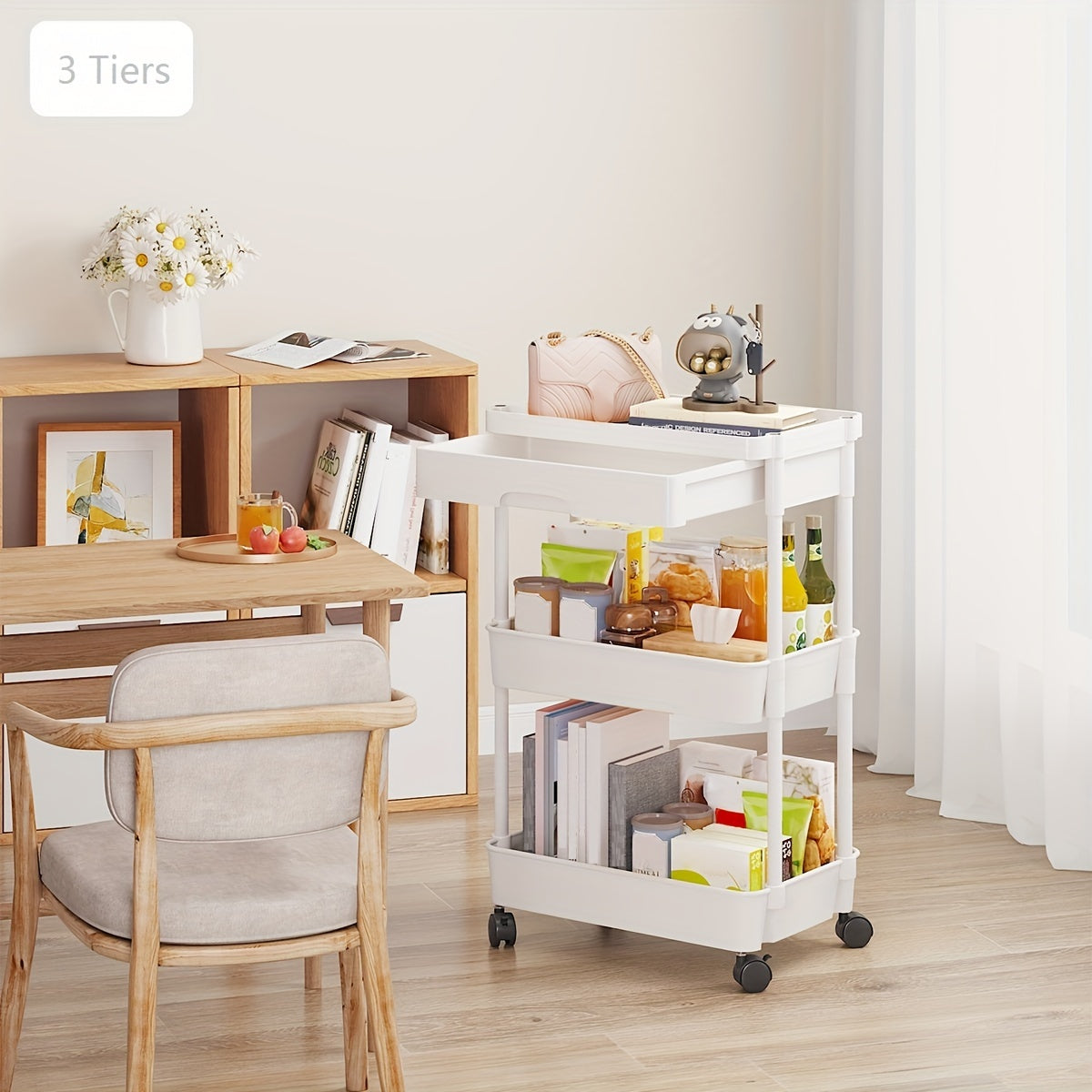 Multi-Tier Storage Trolley - Space-Saving Floor-to-Ceiling Design, Smooth Mobility, and Versatile Use in Kitchen, Bathroom, Bedroom, and Living Room for Displaying Snacks and Essentials