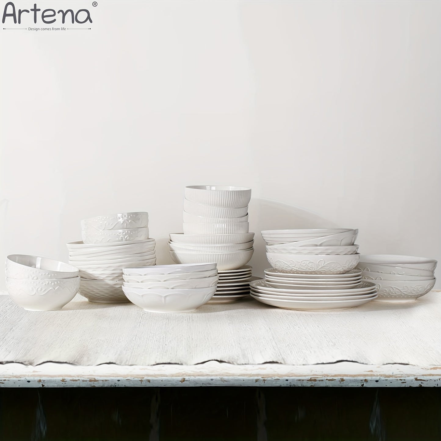 Large Ceramic 4pcs Artena Pasta Bowls - 32oz/35oz, 7.9''/8'' Embossed Soup Bowls - White Serving Bowls for Entertaining, Microwave Dishwasher Oven Safe