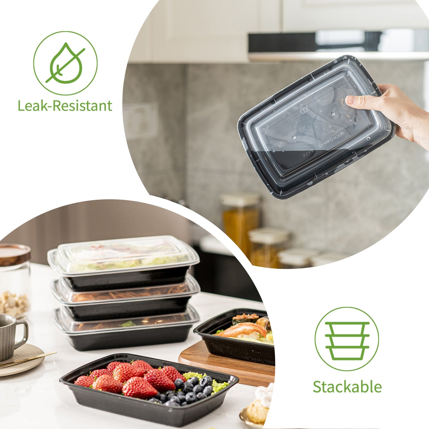 50pcs 38oz Black Rectangular Food Storage Container, Meal Prep Containers with Lids, Disposable Plastic To Go Containers, Bento Box, Stackable, Leak-Proof, BPA-Free, Microwave Safe, Dishwasher Safe, Kitchen Organizers and Sto