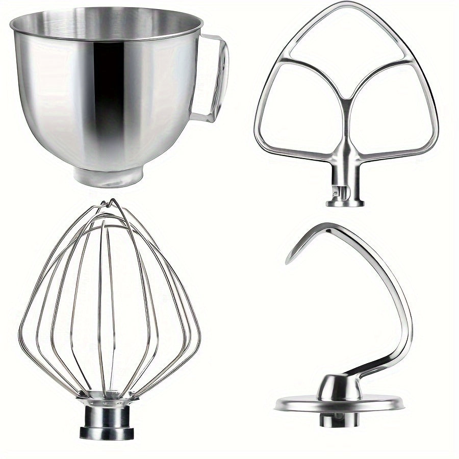 4-Piece Stainless Steel Mixer Bowl Kit - Parts & Accessories Blender Replacement Parts - Heavy Duty, Dishwasher Safe, Fits 4.5-5QT Tilt-Head Stand Mixer, Includes Dough Hook, Beater, Wire Whip, and Bowl for Efficient Mixing a