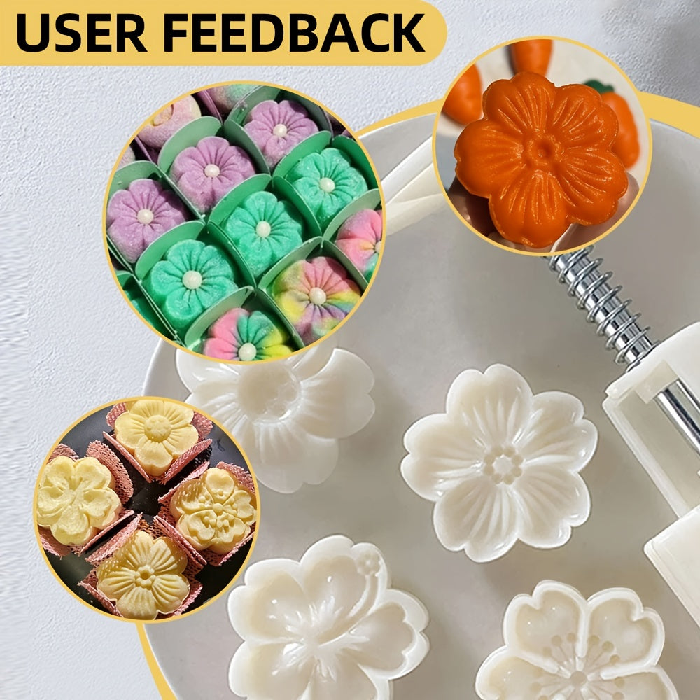 5pcs Flower Cookie Press Set - DIY Mooncake & Pastry Molds, ABS Plastic, Intricate White Flower Designs for Elegant Baking, Ideal for Christmas & Halloween, Kitchen Essentials
