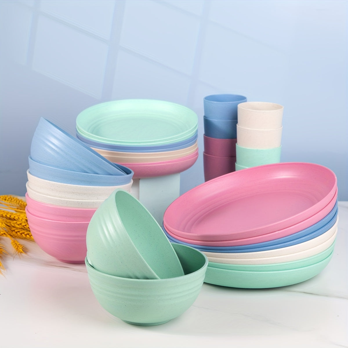 32pcs Vibrant Wheat Straw Round Dinnerware Set - Microwave & Dishwasher Safe, Unbreakable, Lightweight, Reusable - Perfect for 4th of July, Christmas, Halloween, Thanksgiving Celebrations with Family and Friends