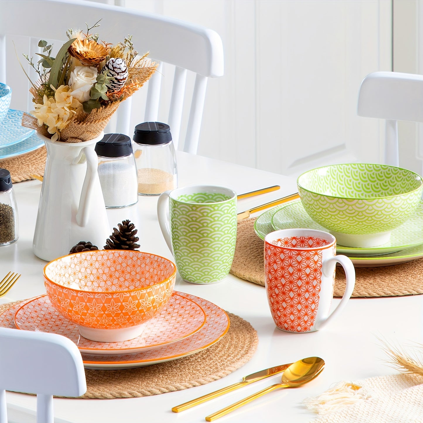 16-Pc Japanese Style Porcelain Dinnerware Set for 4 - Premium Quality, Microwave Safe, Traditional Design with Vibrant Colors, Perfect for Everyday Use & Special Occasions