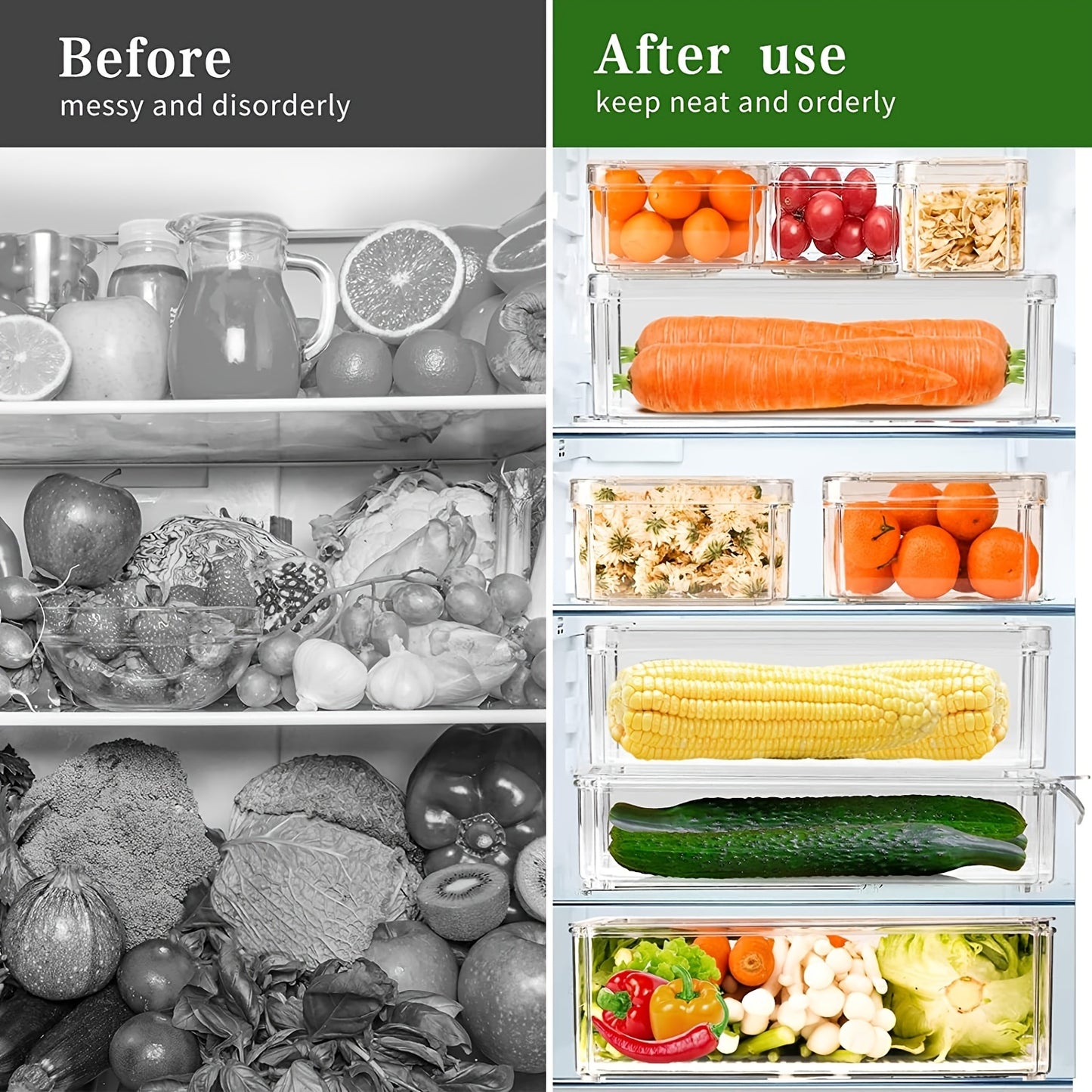 10PCS Clear Fridge Organizer Bins with Lids & Drain System - Stackable, Space-Saving Storage for Food, Drinks, Vegetables - Perfect Kitchen Organization Supplies