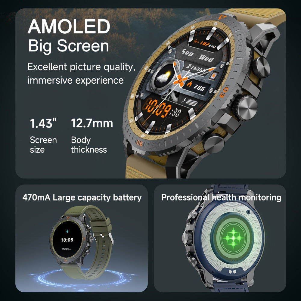 For Samsung Android Phones, Rugged Men's Smartwatch, Wireless BT5.0, Texting And Calling, With Voice Assist, 460P AMOLED Large Screen, 49mm Circle Screen, Smart Bracelet For Health Steward, Whatsapp Message Remind, With App F