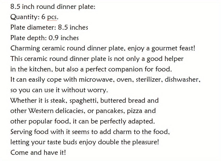 10.5 Inch Ceramic Dinner Plate 6pcs Set Set, Large Kitchen Ceramic Salad Tableware for Steak, Pancakes, Pizza, Pasta, Scratch Resistant, Microwave Oven Dishwasher Safe, Birthday New Year Couple Gift