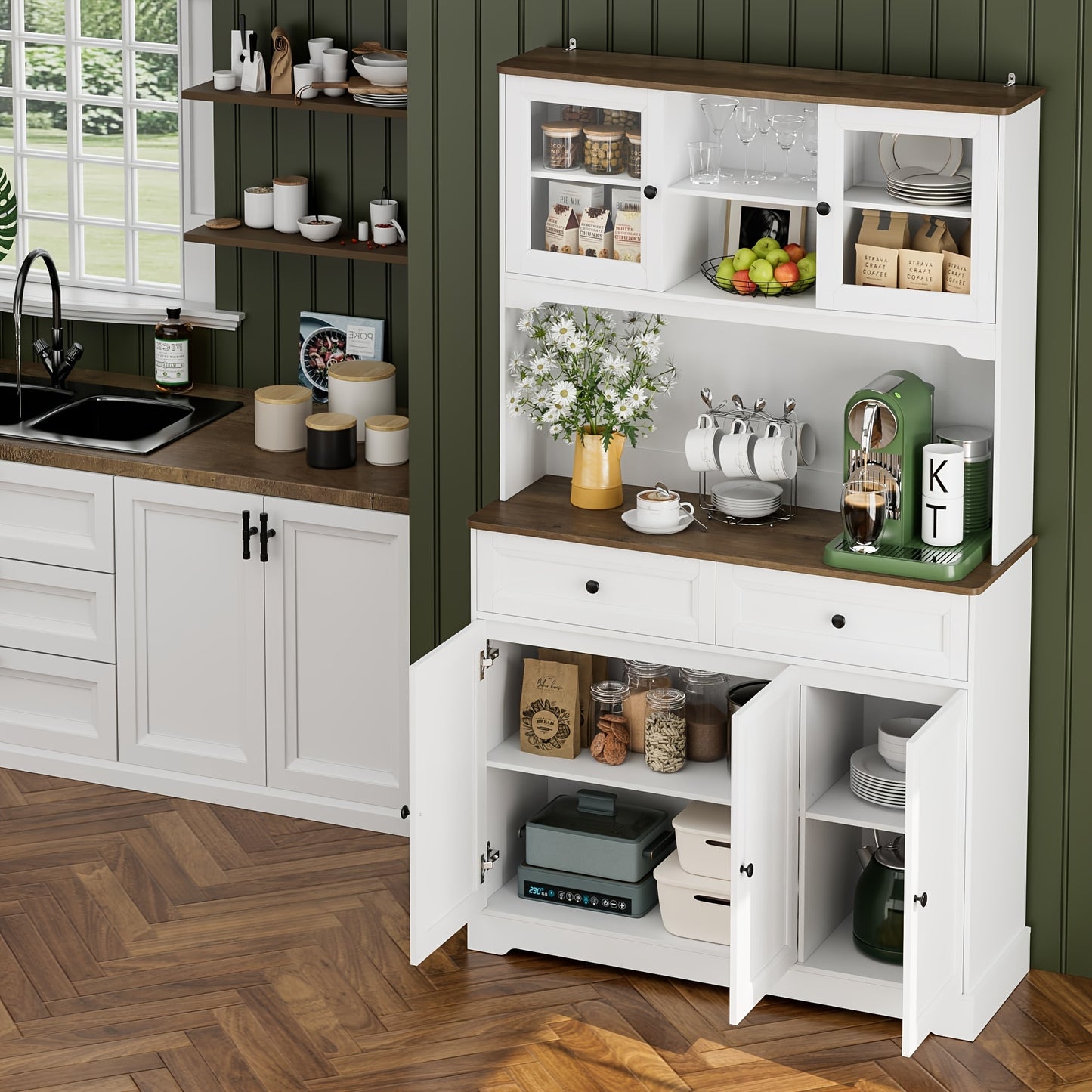 FULTRU Kitchen Pantry Storage Cabinet, Freestanding Hutch Cabinet with Buffet Cupboard, Utility Pantry with Microwave Stand, Tall Kitchen Cabinets with Adjustable Shelves for Kitchen