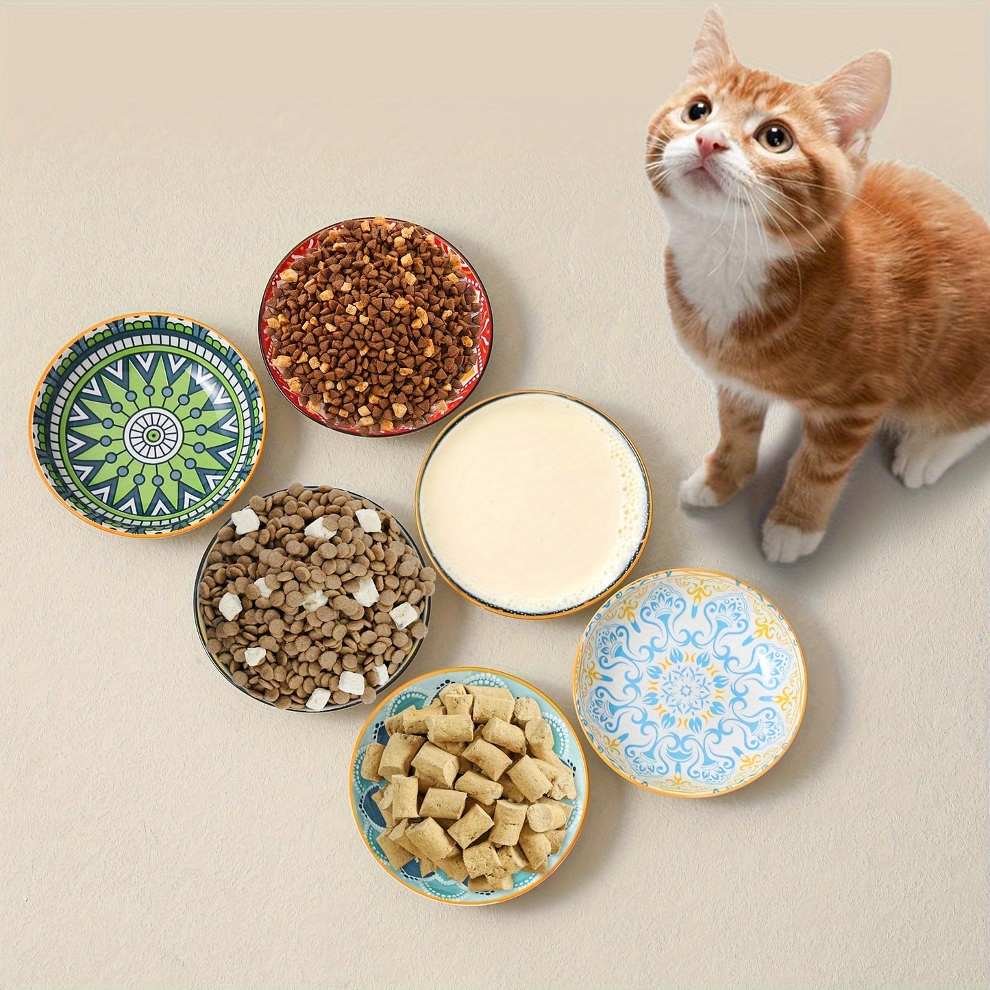 6pcs 5.5in Wide Shallow Cat Food Bowl Set -Ceramic - Colorful Cute Small Flat Kitten Feeding Dish - Microwave And Dishwasher Safe