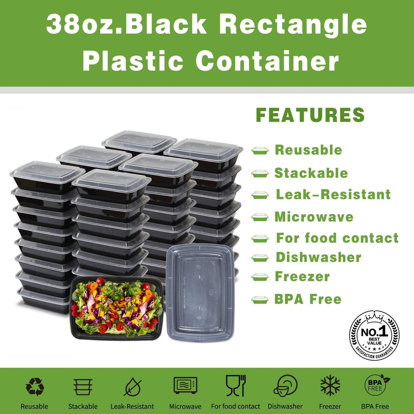 50pcs 38oz Black Rectangular Food Storage Container, Meal Prep Containers with Lids, Disposable Plastic To Go Containers, Bento Box, Stackable, Leak-Proof, BPA-Free, Microwave Safe, Dishwasher Safe, Kitchen Organizers and Sto