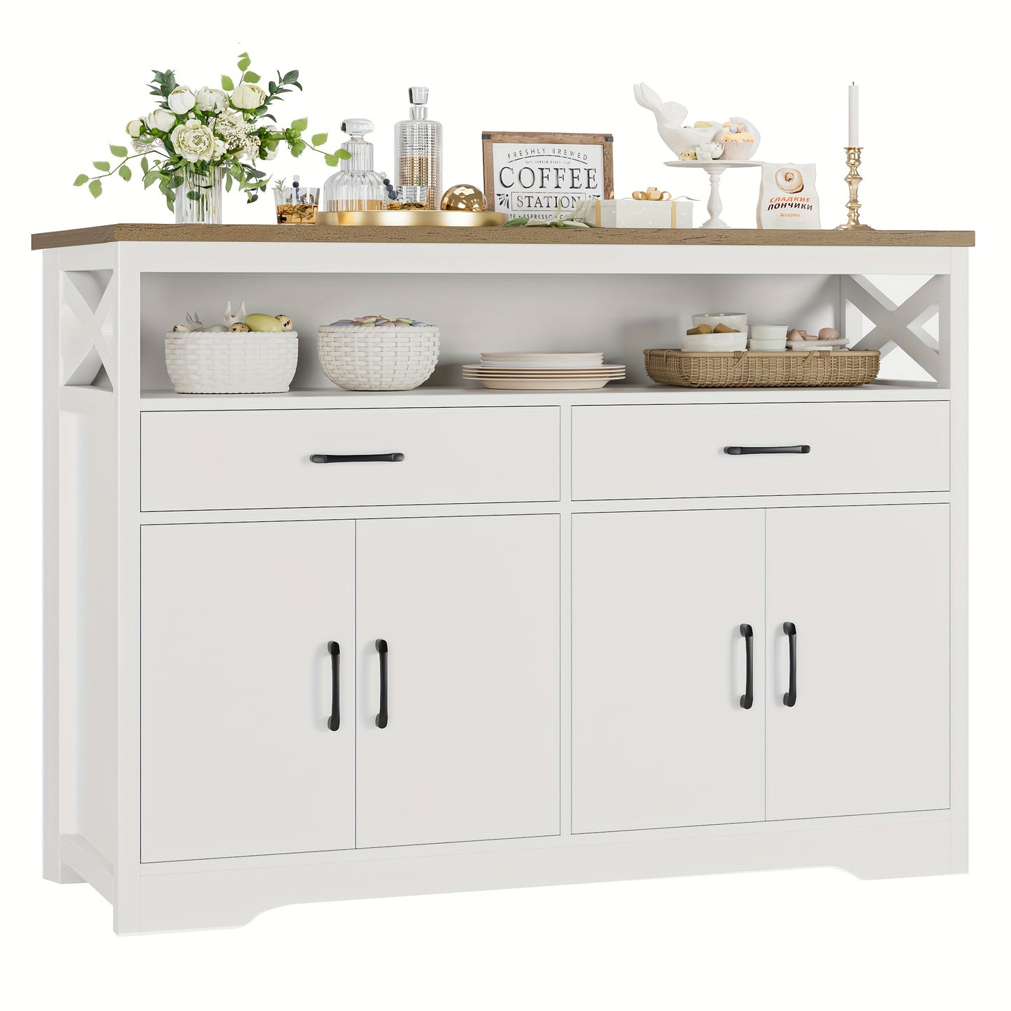 FULTRU 47" Modern Farmhouse Sideboard Buffet Cabinet, Wood Buffet Storage Cabinet with Drawers & Shelves, Large Coffee Bar Cabinet with Storage, Microwave Stand for Kitchen, Dining Room, Dark Brown, White + Rustic Brown, Whit