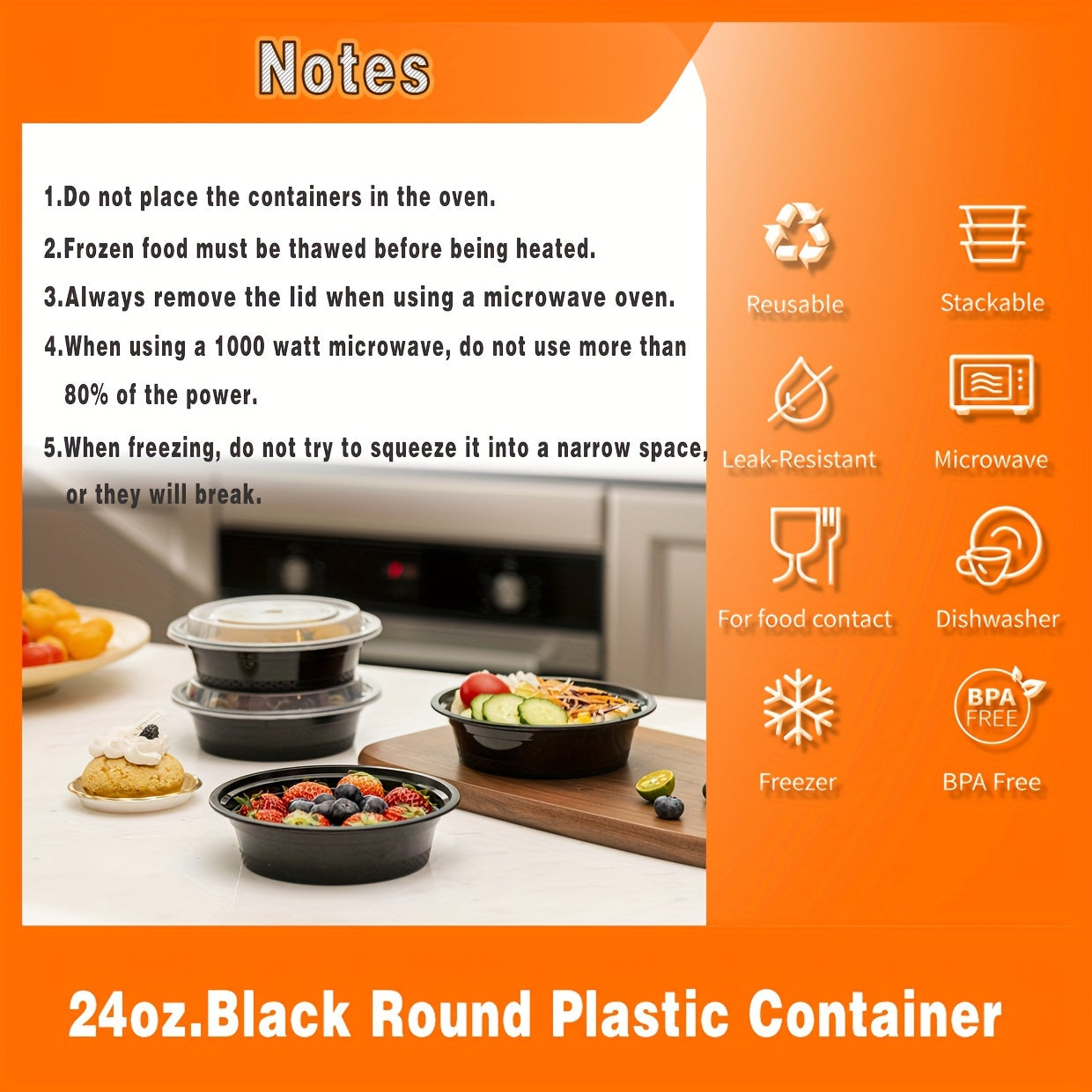 [50Pcs  24oz] Black Round Food Storage Container, Meal Prep Containers with Lids, Disposable Plastic To Go Containers, Bento Box, Stackable, Leak-Proof, BPA-Free, Microwave Safe, Dishwasher Safe, Kitchen Organizers and Storag