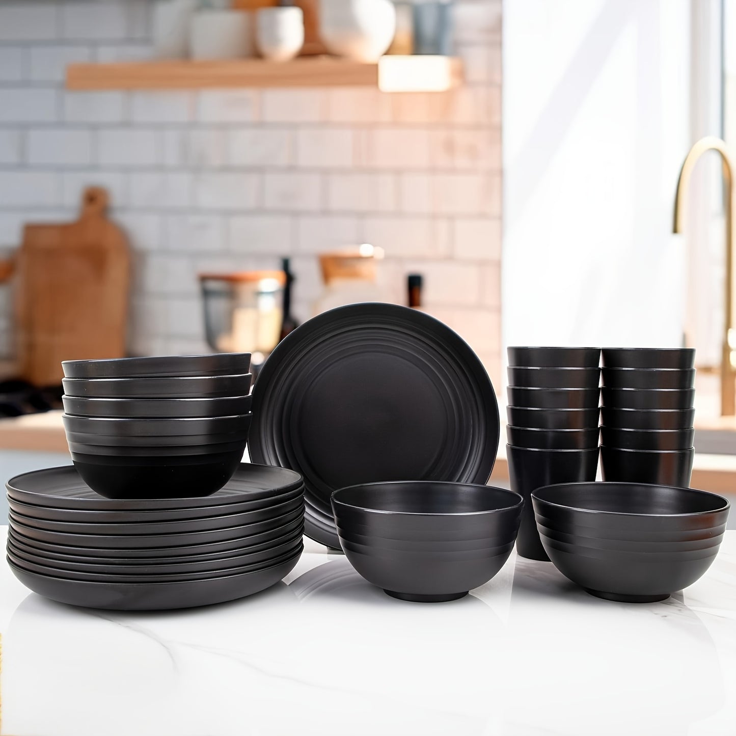 36pcs Black Wheat Straw Dinnerware Set Of 12, Plates And Bowls Set, Plastic Plates Reusable, Halloween Halloween Plastic Plates, Black Dishwasher And Microwave Safe, Unbreakable Dinnerware, Camping Plates.