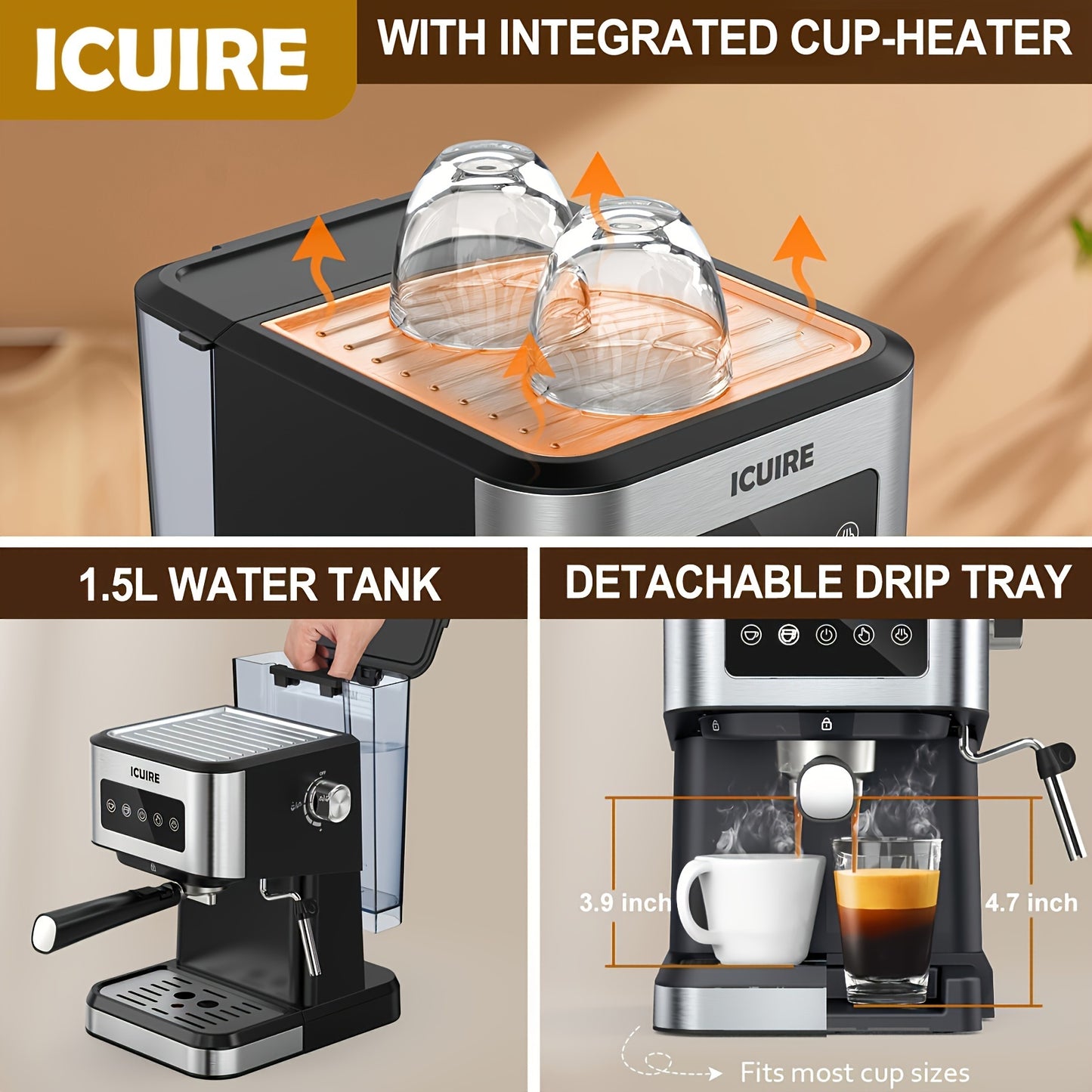 ICUIRE Espresso Machine with Milk Frother, Free milk bubble cup, 20 Bar Pump Pressure Coffee Machine, 1.5L/50oz Removable Water Tank, 1050W Semi-Automatic Espresso/Latte/Cappuccino Machines for Home Barista, Office, kitchen A