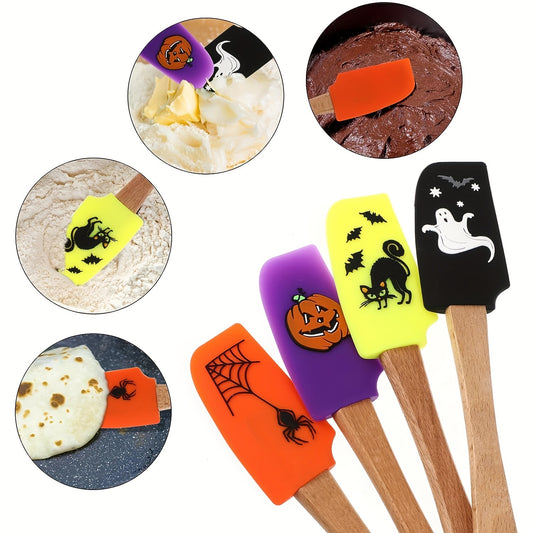 1/4Pcs, Halloween Spatula, Wooden Handle Silicone Spatula, Heat Resistant Silicone Scraper Set, Cream Spatula, Kitchen Scraper For Cooking, Baking And Mixing, Pumpkin Spatula, Kitchen Supplies, Halloween Gift, Halloween Decor