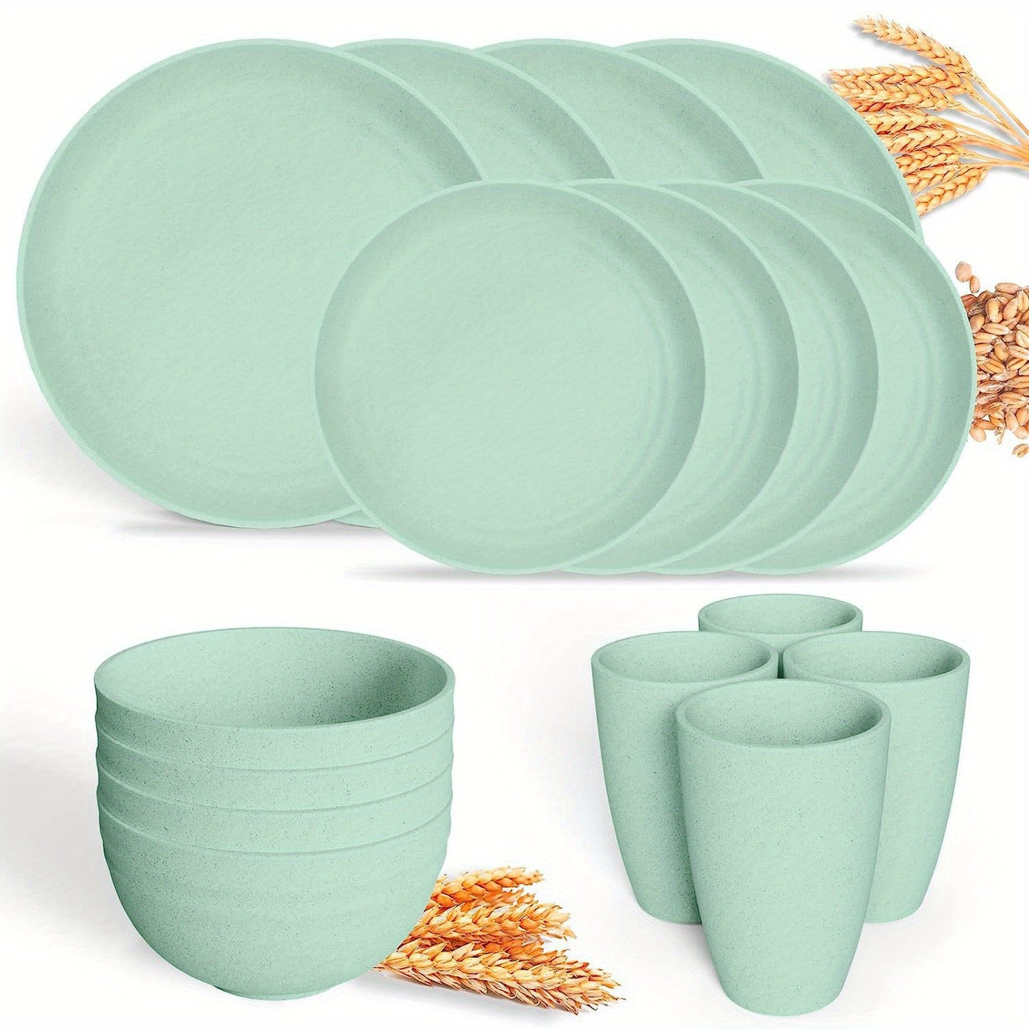 16pcs Unbreakable Wheat Straw Dinnerware Sets, Lightweight Plates Cups And Bowls Sets, Dishwasher Microwave Safe, For RV Outdoor Camping
