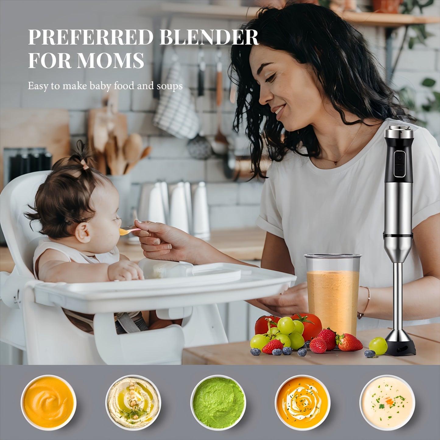 6-in-1 Immersion Blender Handheld 1000W 20-Speed & Turbo Mode, Scratch Resistance Hand Blender WIth Dough Hooks, Egg Beaters, Whisk, 27.05oz Beaker, 20.29oz Chopper Titanium Blades, BPA-Free