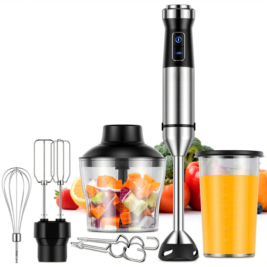 6-in-1 Immersion Blender Handheld 1000W 20-Speed & Turbo Mode, Scratch Resistance Hand Blender WIth Dough Hooks, Egg Beaters, Whisk, 27.05oz Beaker, 20.29oz Chopper Titanium Blades, BPA-Free