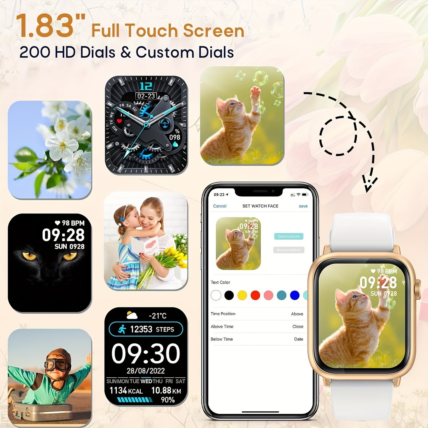Women's Smart Watch Gift, 1.83-inch Touch Screen, Wireless Calls, Messages Notification, Compatible iPhone/Android Phones, Fitness Tracking Watch, Calories, Distance, Pedometer, 100+ Sport Modes, Smart Bracelet for Women, Sle