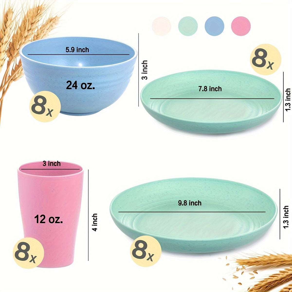 32pcs Vibrant Wheat Straw Round Dinnerware Set - Microwave & Dishwasher Safe, Unbreakable, Lightweight, Reusable - Perfect for 4th of July, Christmas, Halloween, Thanksgiving Celebrations with Family and Friends