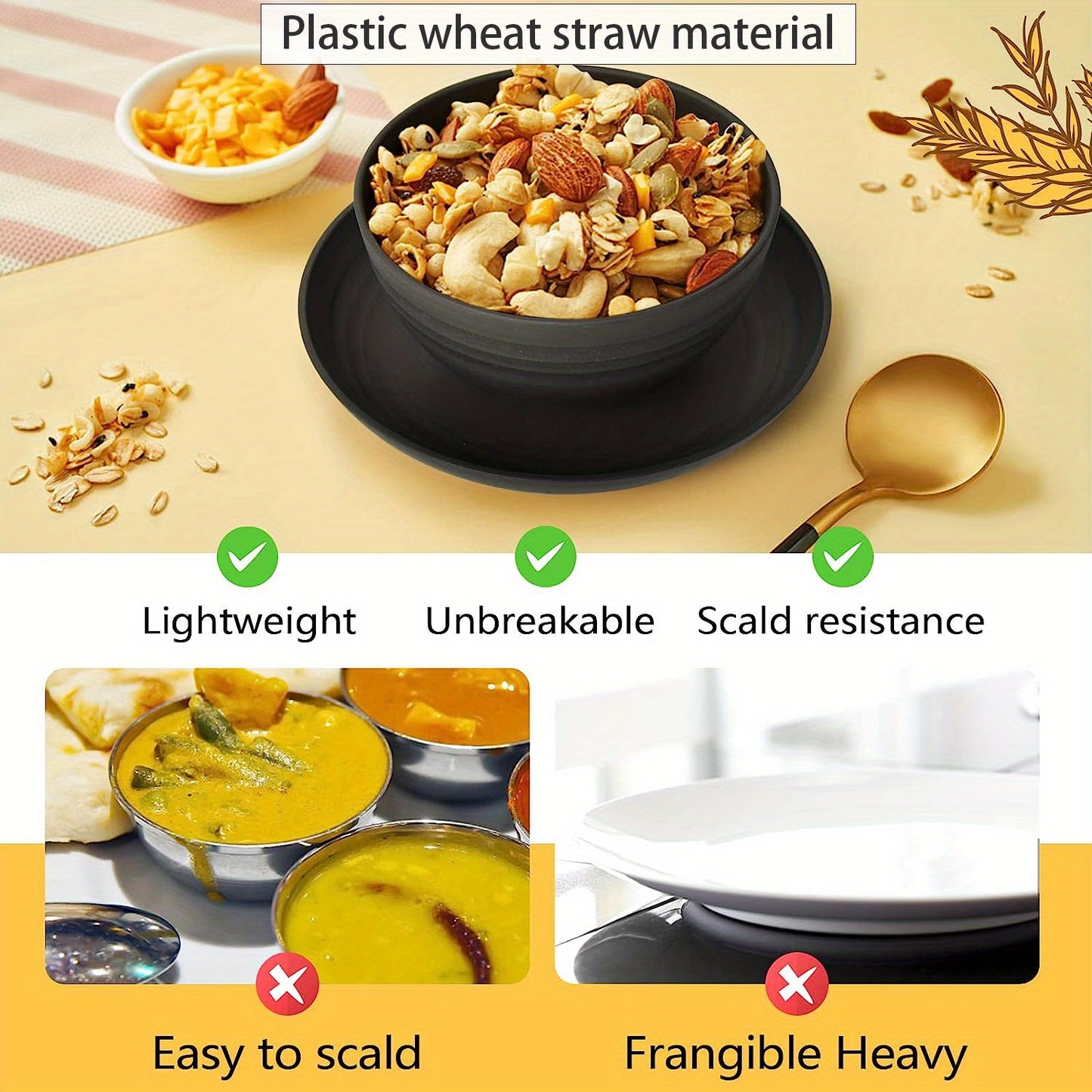 Premium Straw Tableware Set, 16 Unbreakable Tableware Sets, Microwave And Dishwasher Safe, Black Set of 8 Plates, 4 Bowls, 4 Cups.