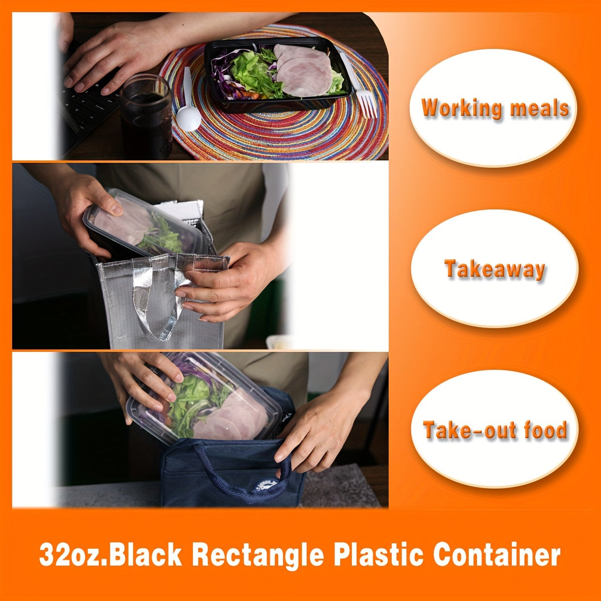 [50Pcs 32oz] Black Rectangular Food Storage Container, Meal Prep Containers with Lids, Disposable Plastic To Go Containers, Bento Box, Stackable, Leak-Proof, BPA-Free, Microwave Safe, Dishwasher Safe, Kitchen Organizers and S