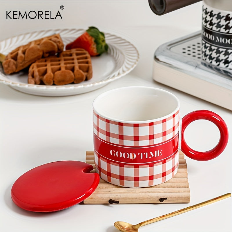 KEMORELA Ceramic Coffee Mugs Set with Lids and Spoons, Houndstooth Pattern Reusable Round Cups, Microwave Safe, Machine Wash, Multipurpose Drinkware, Ideal for Christmas, Halloween, Thanksgiving, Valentine's, Father's Day Gif